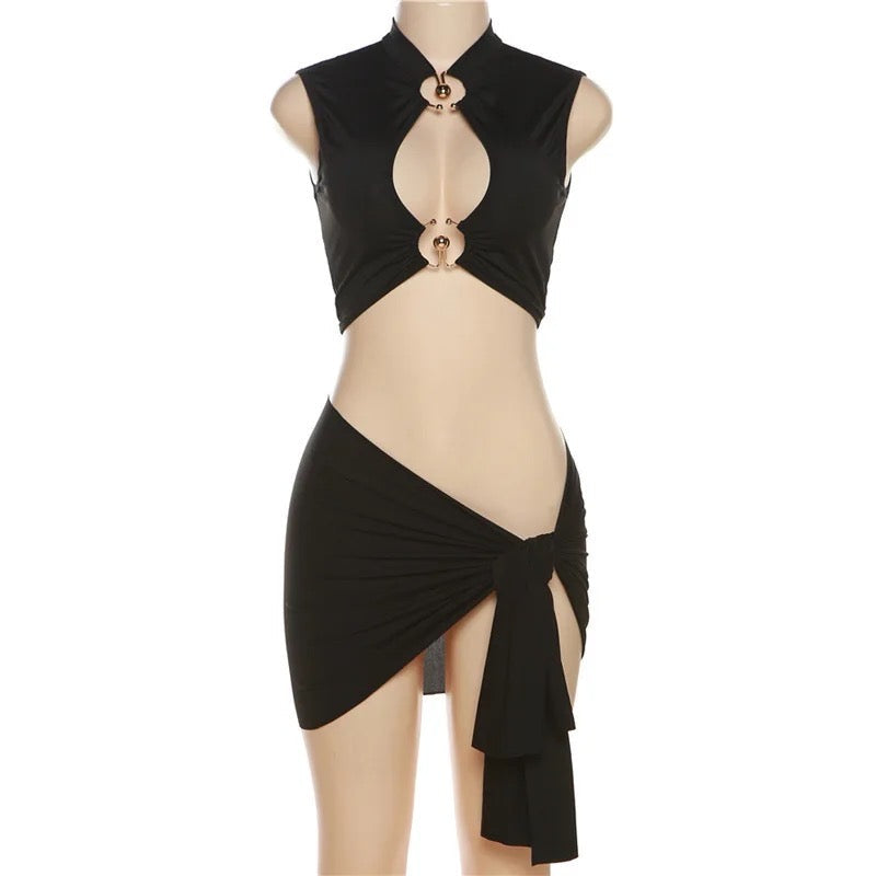Bandage Mini Skirt Two-Piece Set - Figure-Hugging Matching Set | VERONEEKS