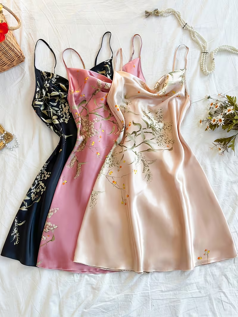 Floral Cowl Neck Satin Sleepwear Slip Nightgown for Women