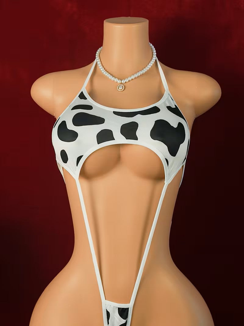 Moo-d Maker Bodysuit - Cow Print Halter Lingerie | VERONEEKS