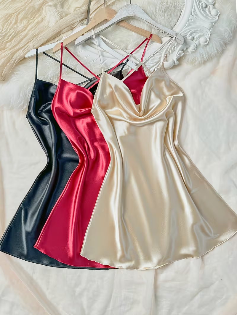 Black, red, and champagne spaghetti-strap sleepwear slips