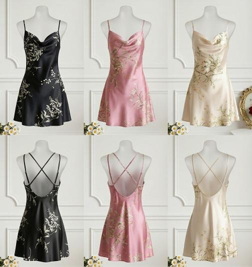 Front and back views of floral cowl-neck slip dresses in black, pink, and cream.