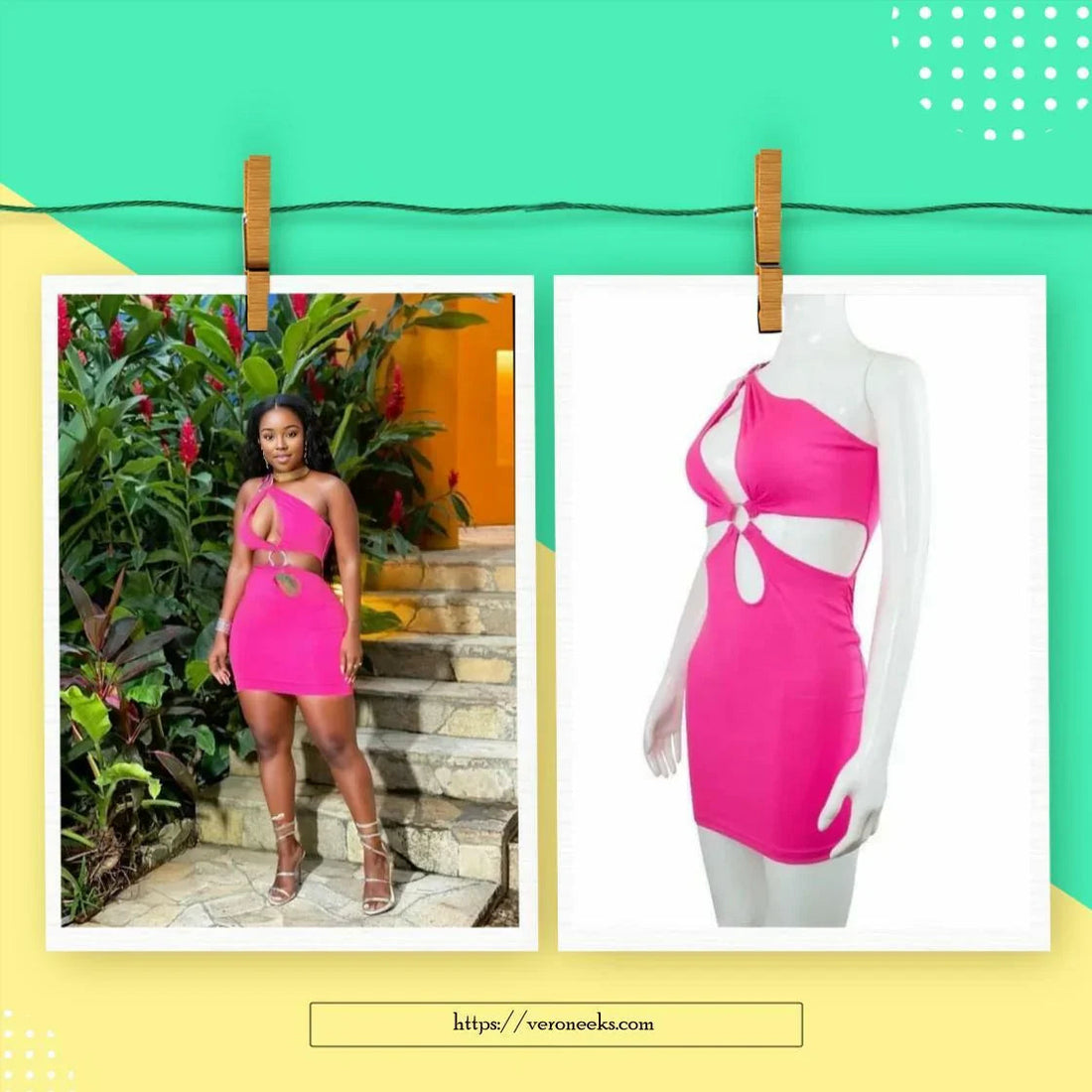 Woman wearing a hot pink cutout mini dress with one shoulder, standing by stone steps and tropical plants, and the same dress displayed on a mannequin