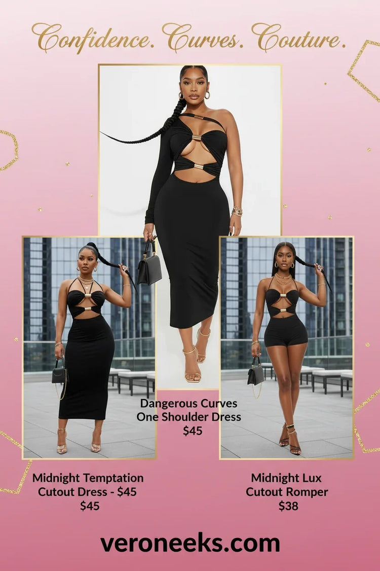 Model in black cutout dresses on a pink background, showcasing three edgy, chic outfits.