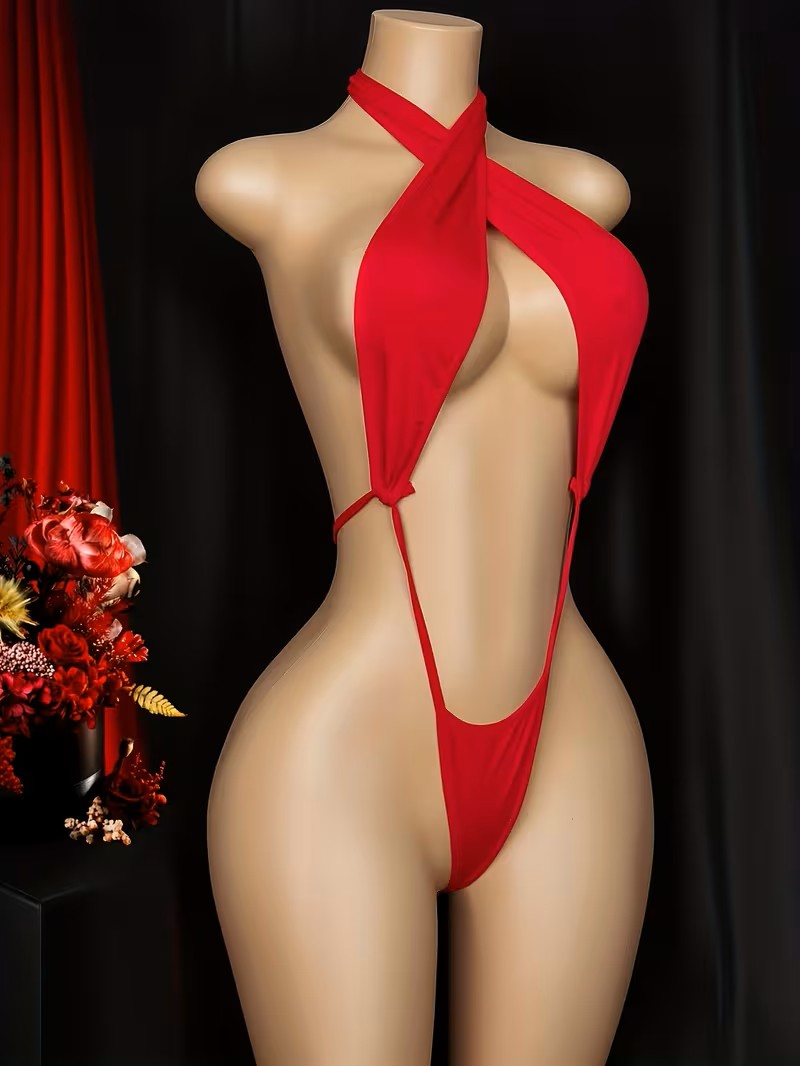 Crimson Temptation Babydoll - Red Halter One-Piece Lingerie | VERONEEKS