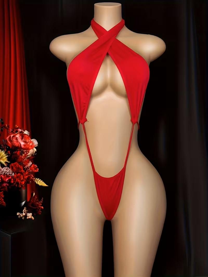 Crimson Temptation Babydoll - Red Halter One-Piece Lingerie | VERONEEKS