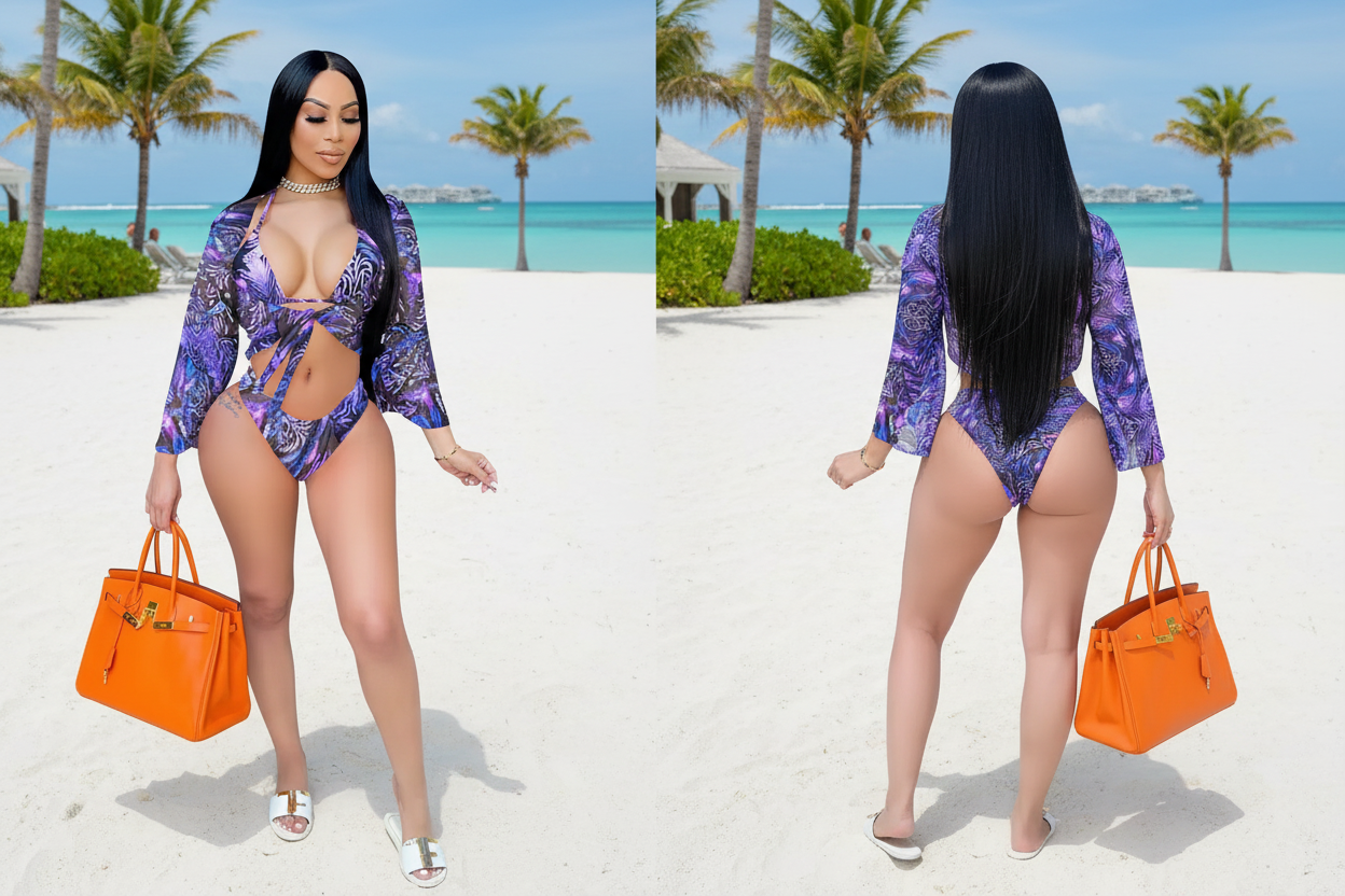 Purple Swirl Bikini Set with Sheer Bell Sleeve Cover-Up - VERONEEKS BRAND