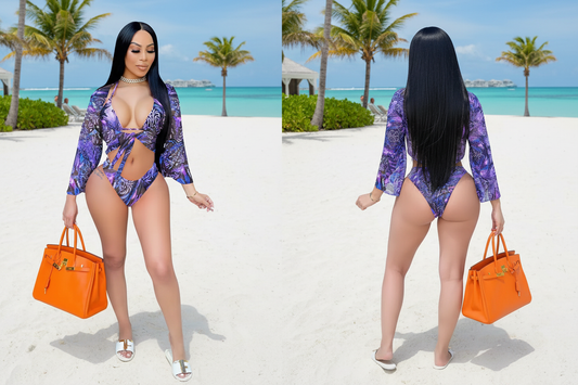 Purple Swirl Bikini Set with Sheer Bell Sleeve Cover-Up - VERONEEKS BRAND