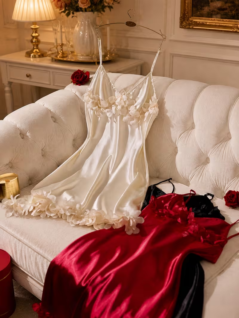 Ivory flower-trim sleepwear slip with red and black styles