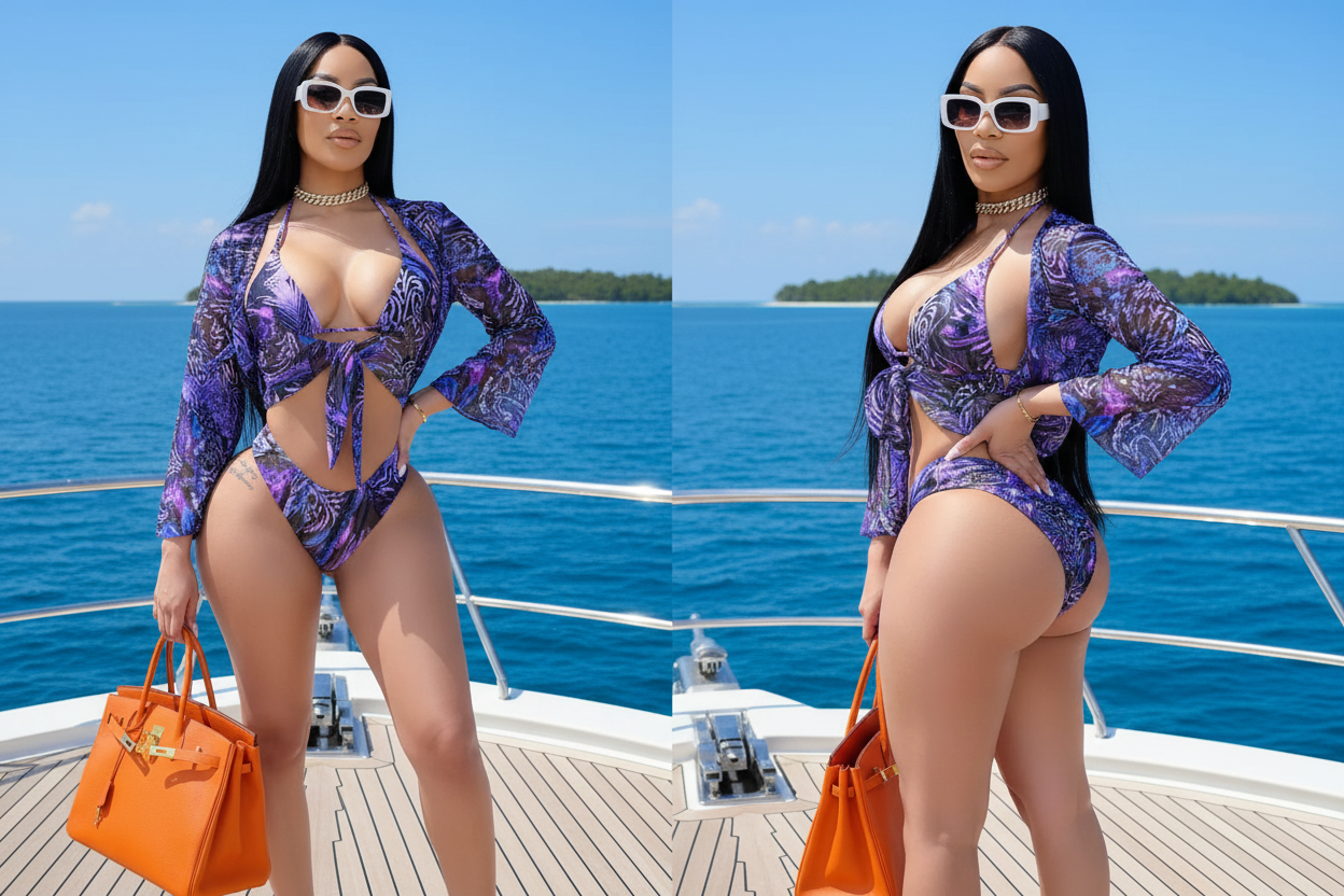 Purple Swirl Bikini Set with Sheer Bell Sleeve Cover-Up - VERONEEKS BRAND