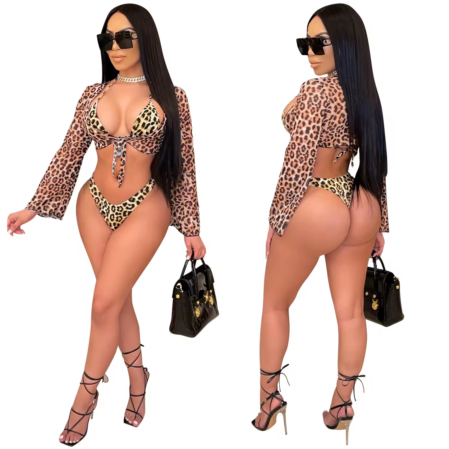 Leopard Luxe Bikini Set with Sheer Bell Sleeve Cover-Up