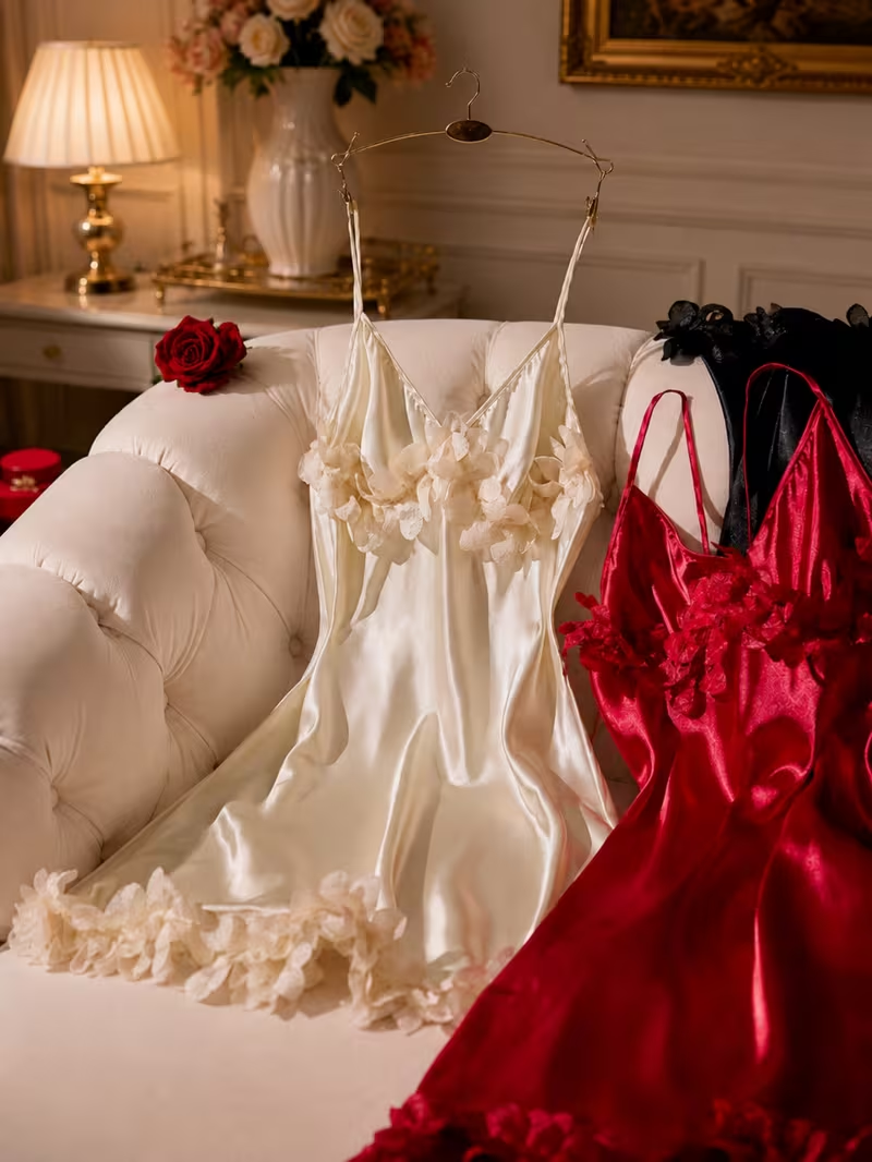 Flower details on ivory and red sleepwear slips