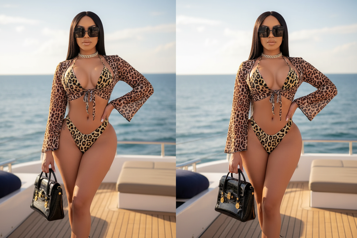 Model wearing leopard print bikini on luxury yacht deck - vacation lifestyle