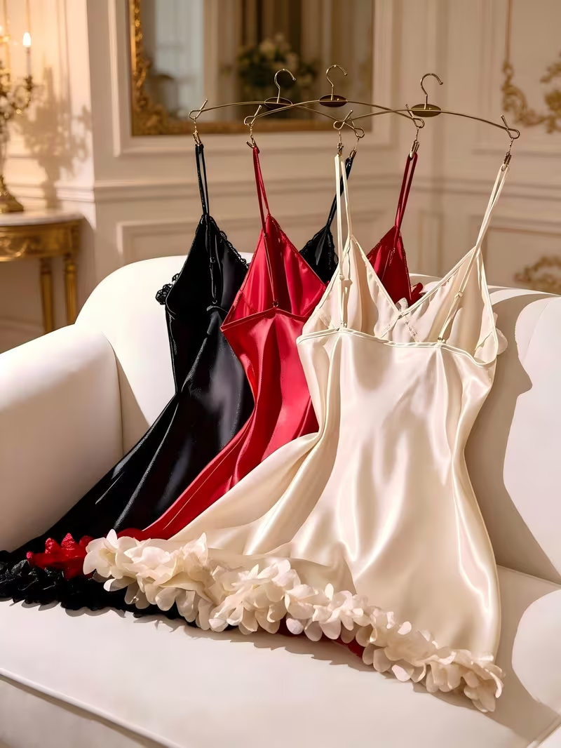 Flower-trim sleepwear slips, back view