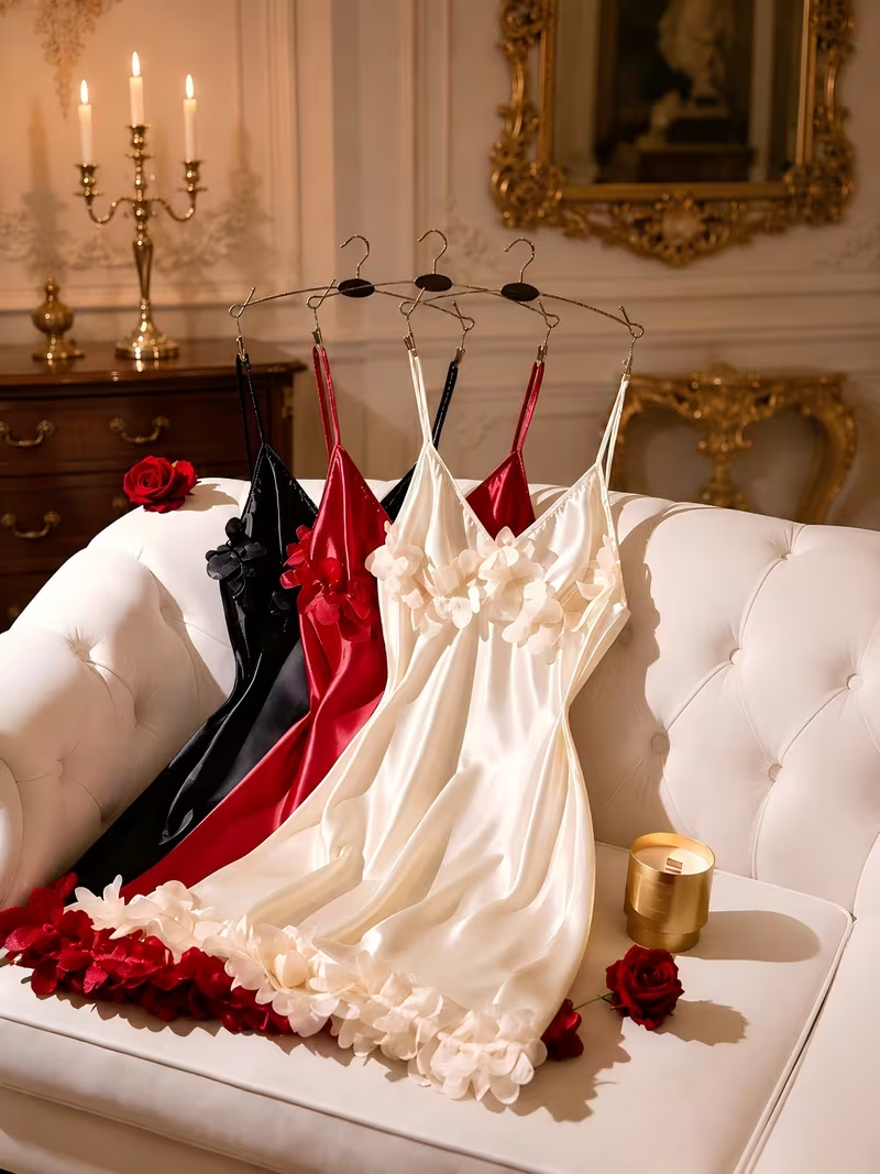 Black, red and ivory flower-trim sleepwear slips, front view