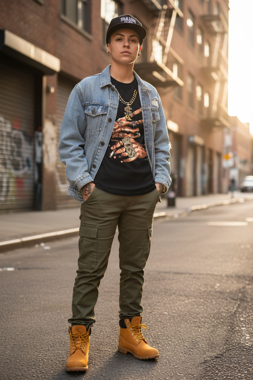 Lesbian stud model in Boss tee with denim jacket