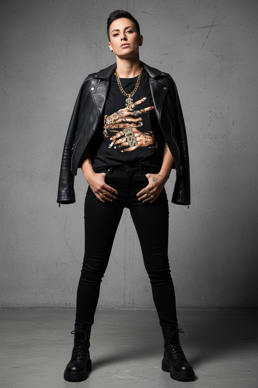 Lesbian stud model in Boss tee with leather jacket