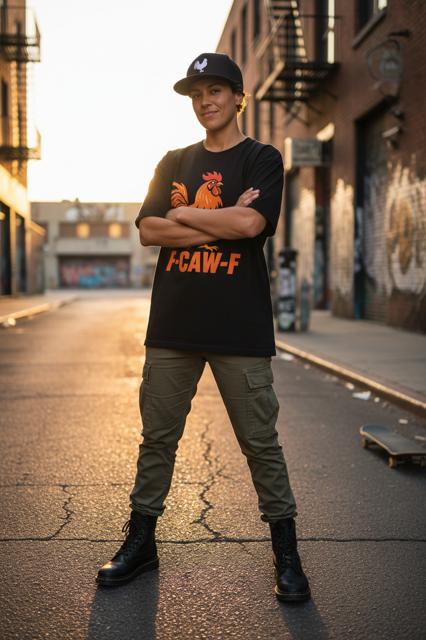 Lesbian stud model in F-CAW-F tee with cargo pants