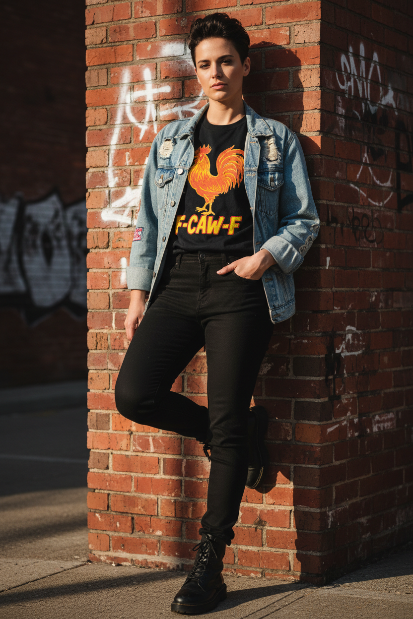 Lesbian stud model in F-CAW-F tee with denim jacket