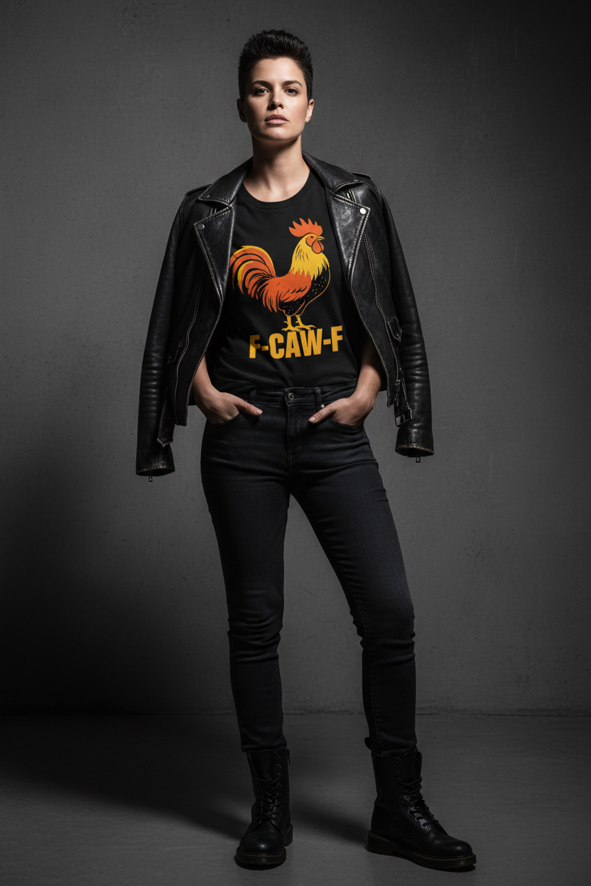 Lesbian stud model in F-CAW-F tee with leather jacket