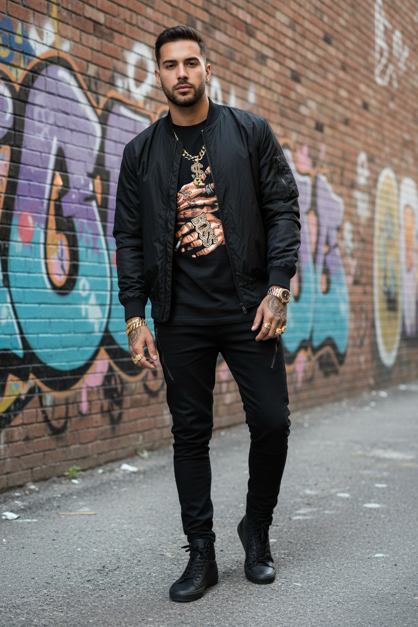 Male model in Boss tee with bomber jacket