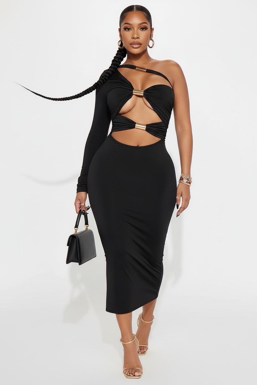 Model in Dangerous Curves dress - walking pose