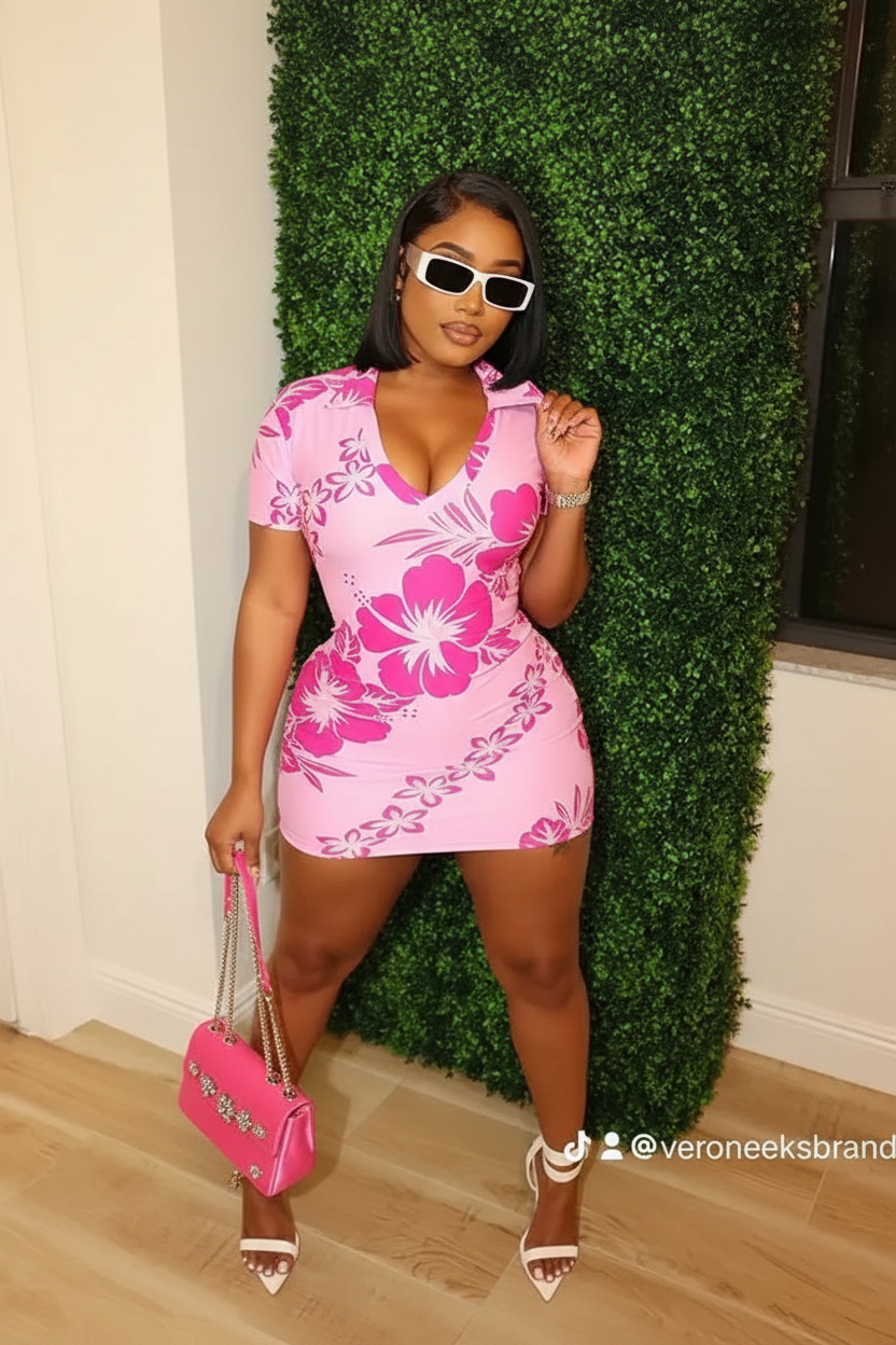 Model in pink floral dress with sunglasses and pink bag