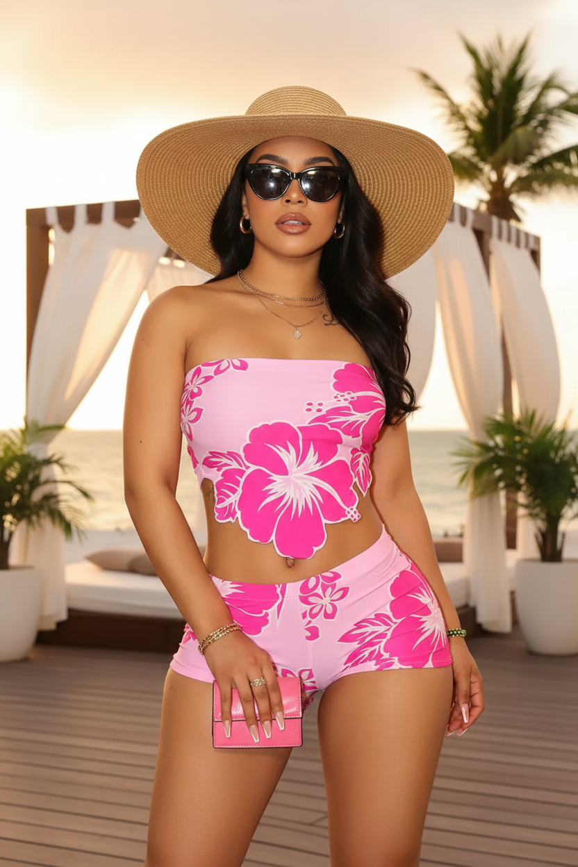 Model in pink floral set with hat