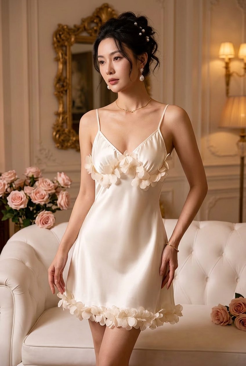 New ivory flower-trimmed slip model portrait