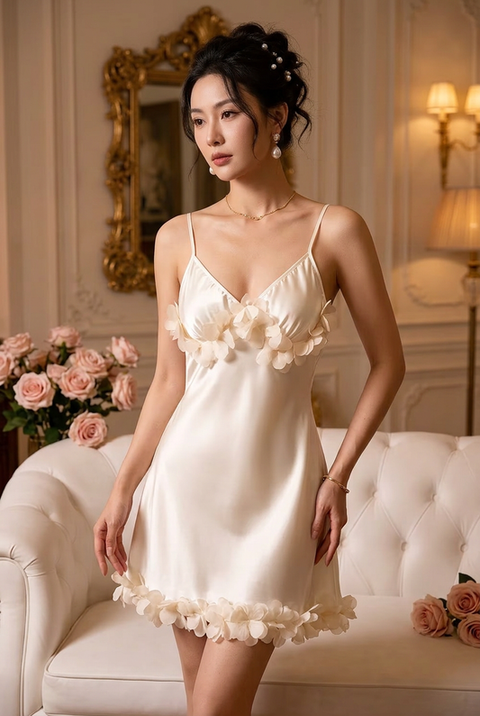 New ivory flower-trimmed slip model portrait